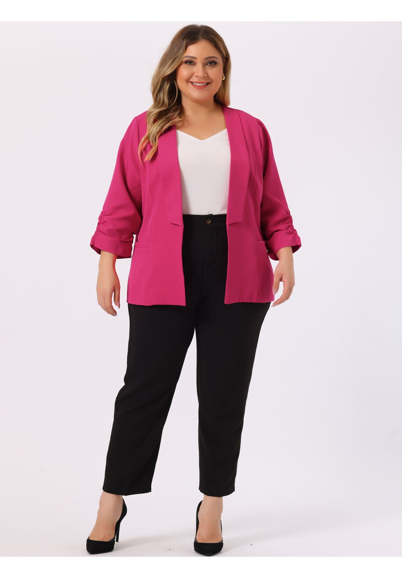 OPEN FRONT 3/4 RUCHED SLEEVE LIGHTWEIGHT BLAZER, Hot Pink / Deep Fuchsia, hi-res image number 0
