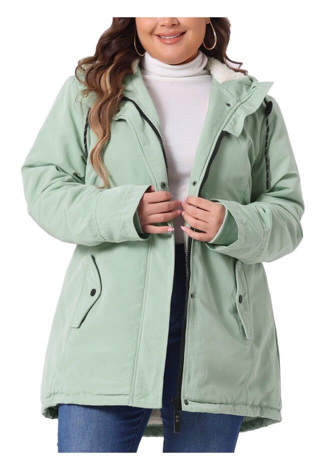 Faux Lamb Fur Leather Button Down Hoodie Parka Coat, Green / Light Green, alternate image number 2