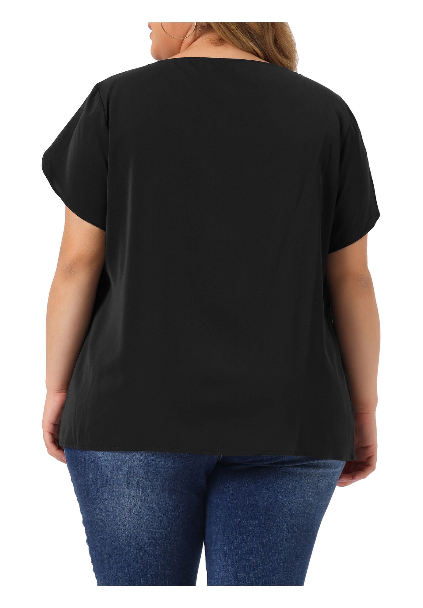 Round Neck Pleated Top Tulip Sleeves Blouse Top, Black / Black, alternate image number 3