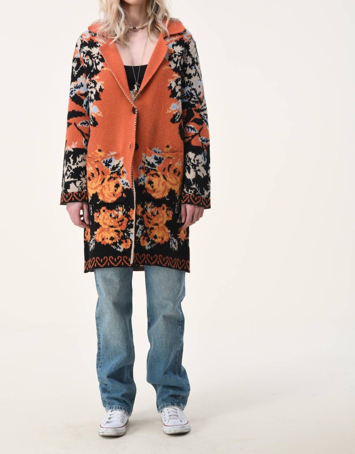 FLOWER JACQUARD COLLAR AND 3 BUTTONS CARDIGAN IN ORANGE, Orange / Orange, hi-res image number 0