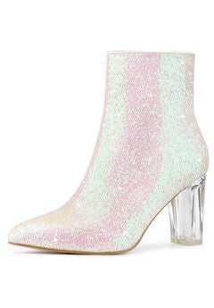 CLEAR BLOCK HEEL GLITTER PARTY BOOTS