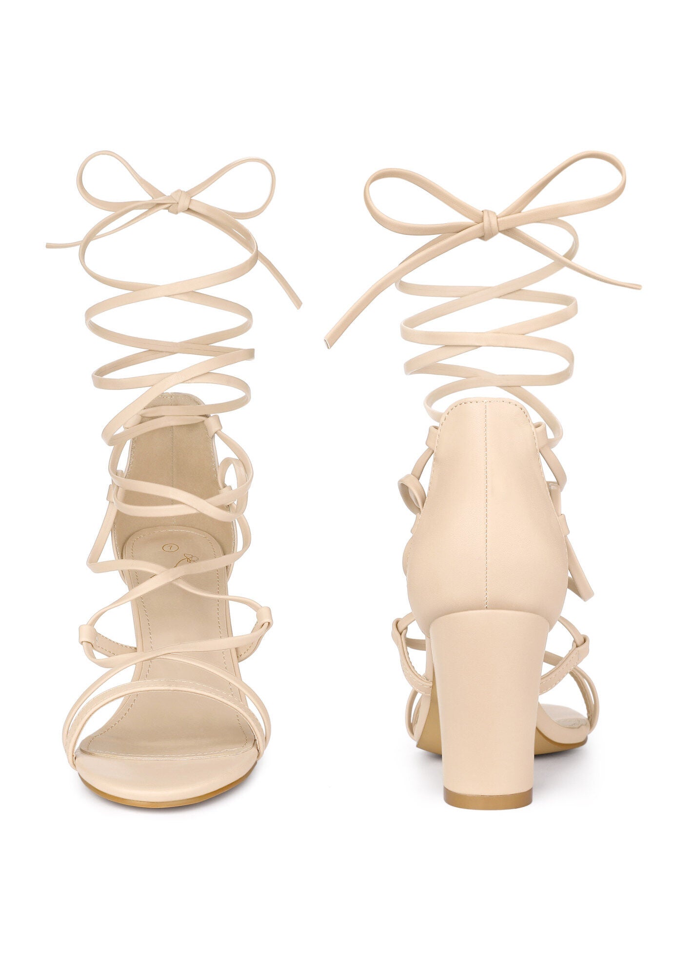 Strappy Strap Lace Up Chunky Heel Sandals, Beige / Beige, alternate image number 1