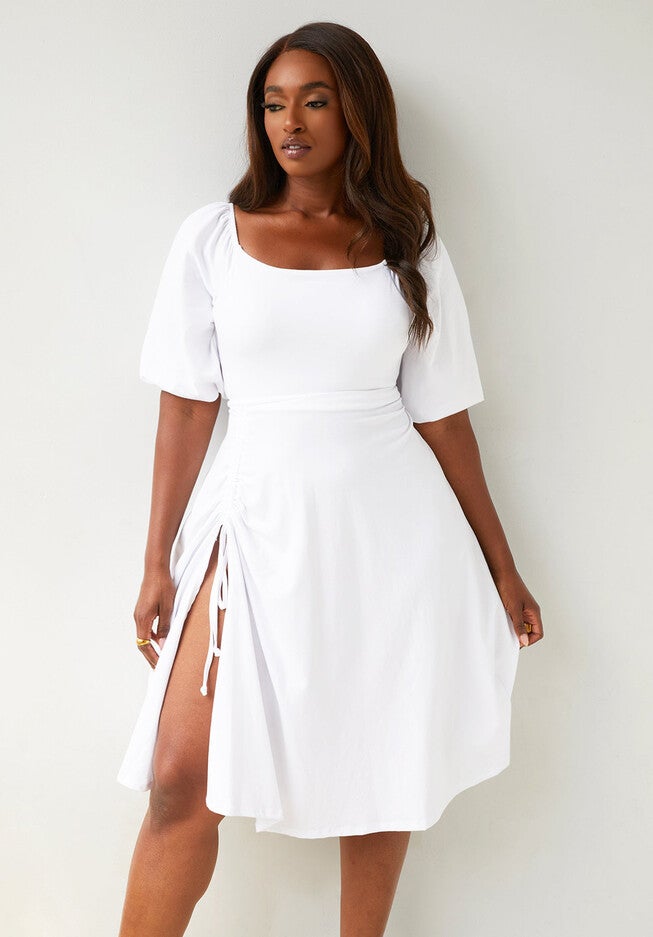 Samantha Puff Sleeve Midi A Line Dress, White / White, alternate image number 2