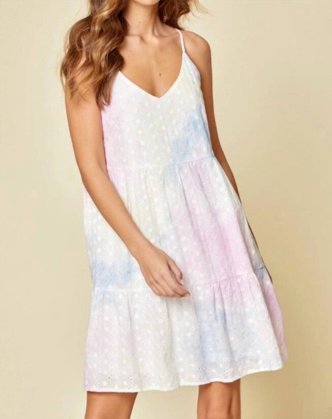 TIE DYE EYELET DRESS IN TIE DYE - PINK, BLUE, YELLOW, WHITE, Tie Dye Pink Blue Yellow White / Pink, hi-res image number 0