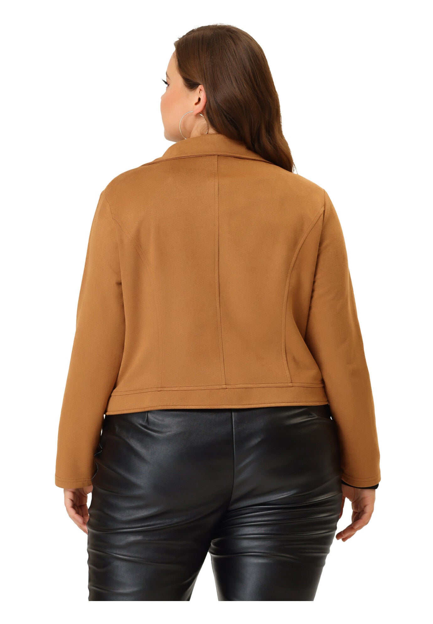 CROPPED MOTO BIKER ZIP UP FAUX LEATHER SUEDE JACKET, Camel / Brown, alternate image number 3