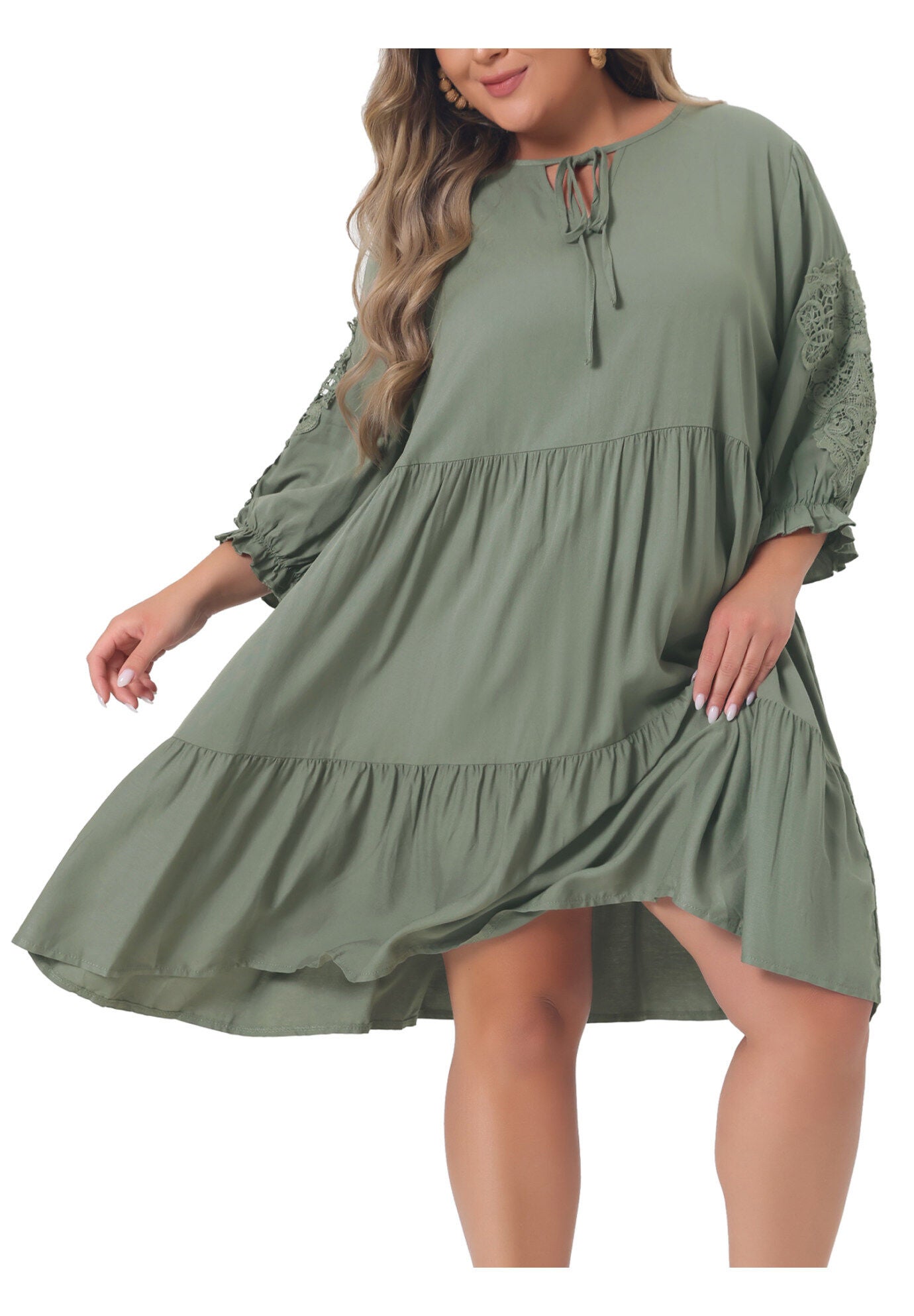 TIE NECK LACE SLEEVE RUFFLE MIDI FLOWY DRESS, Green / Olive Green, alternate image number 2