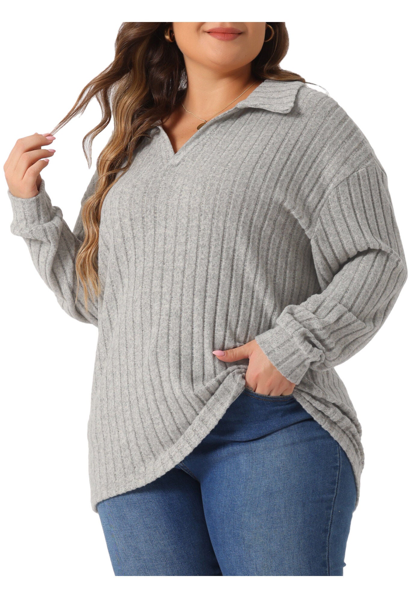 Loose Polo V Neck Long Sleeve Ribbed Knit Top, Grey / Cool Gray, alternate image number 1