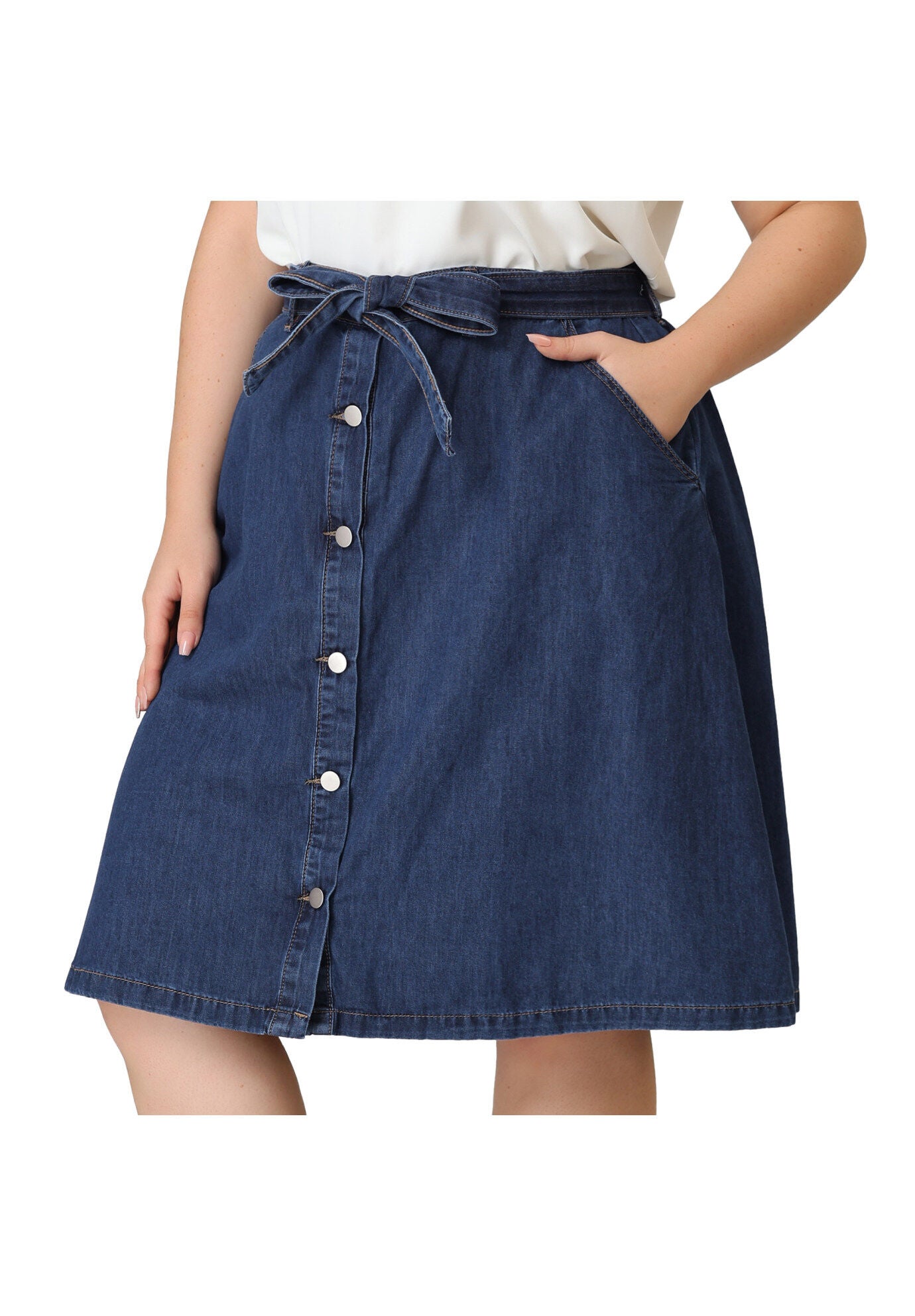 TIE WAIST A-LINE MIDI JEANS DENIM SKIRT, Medium Blue / Royal Blue, alternate image number 3