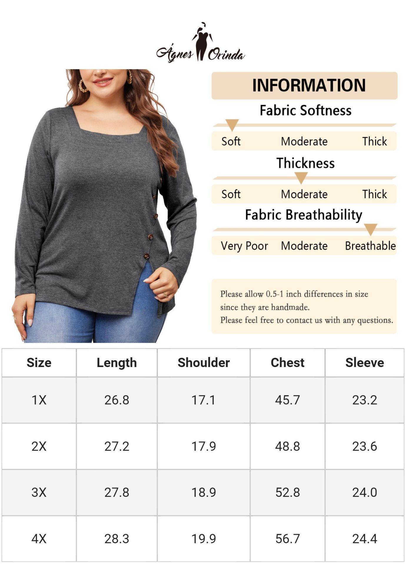 Side Button Square Neck Long Sleeve Tunic Blouse, Grey / Charcoal Grey, alternate image number 1