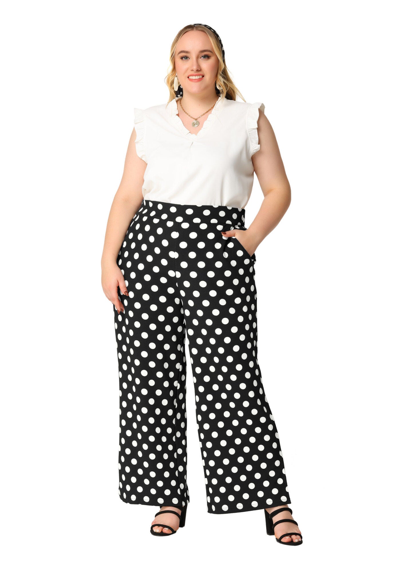 POLKA DOTS ELASTIC WAIST WIDE LEG OVERSIZE PALAZZO PANTS, Black / Black, hi-res image number 0
