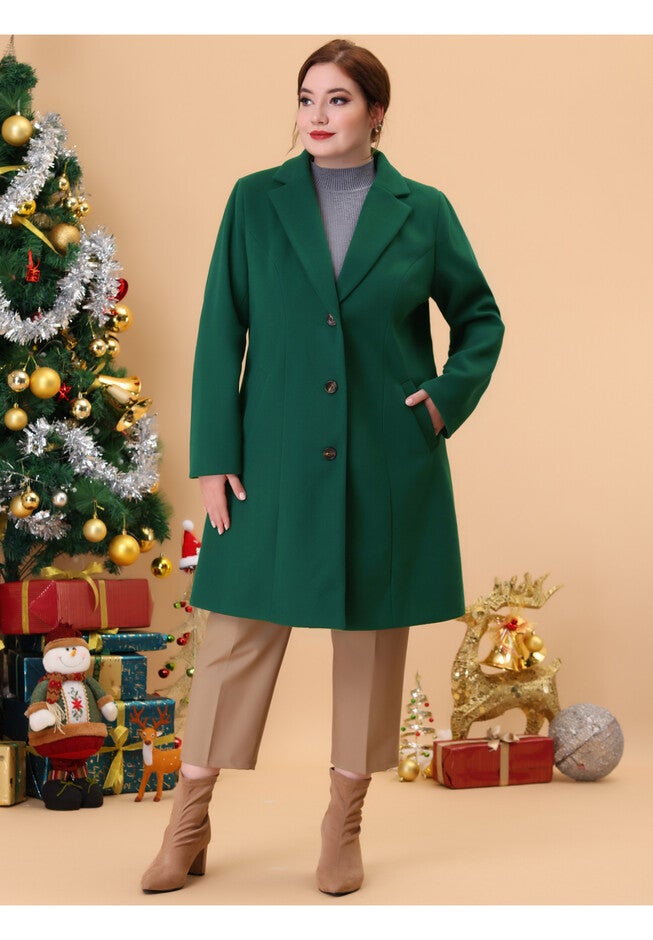 SINGLE BREASTED NOTCHED LAPEL LONG WINTER COAT, Green / Forest Green, alternate image number 1