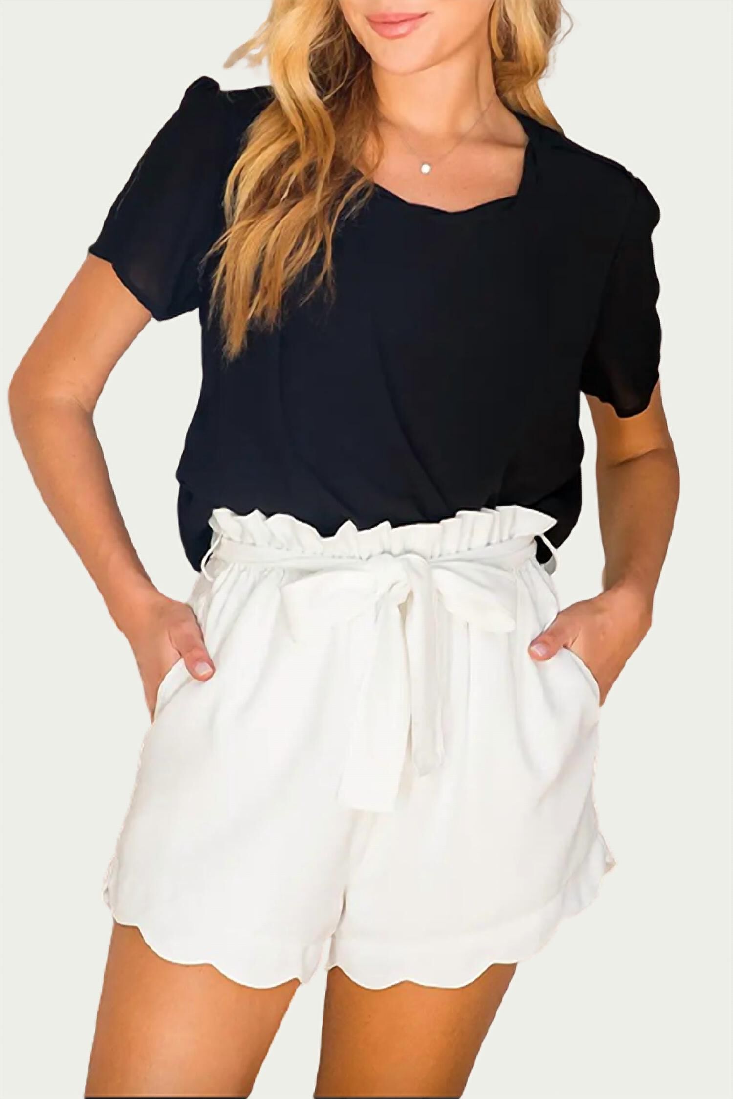 High-Waisted Scallop Trim Shorts In Ivory, Ivory / White, hi-res image number 0