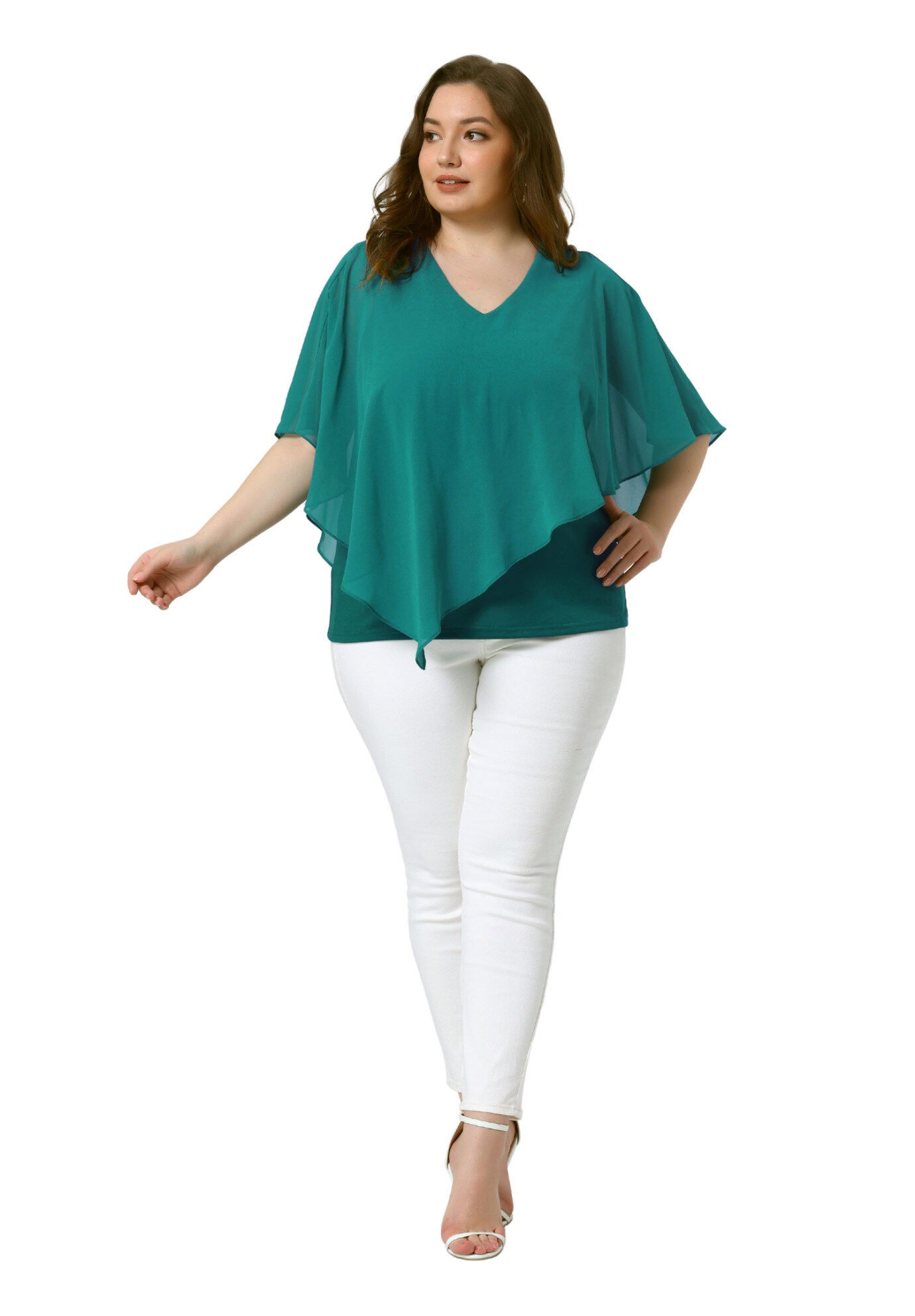 V Neck Flowy Shirt Double Layered Chiffon Top, Lake Green / Turquoise, hi-res image number 0