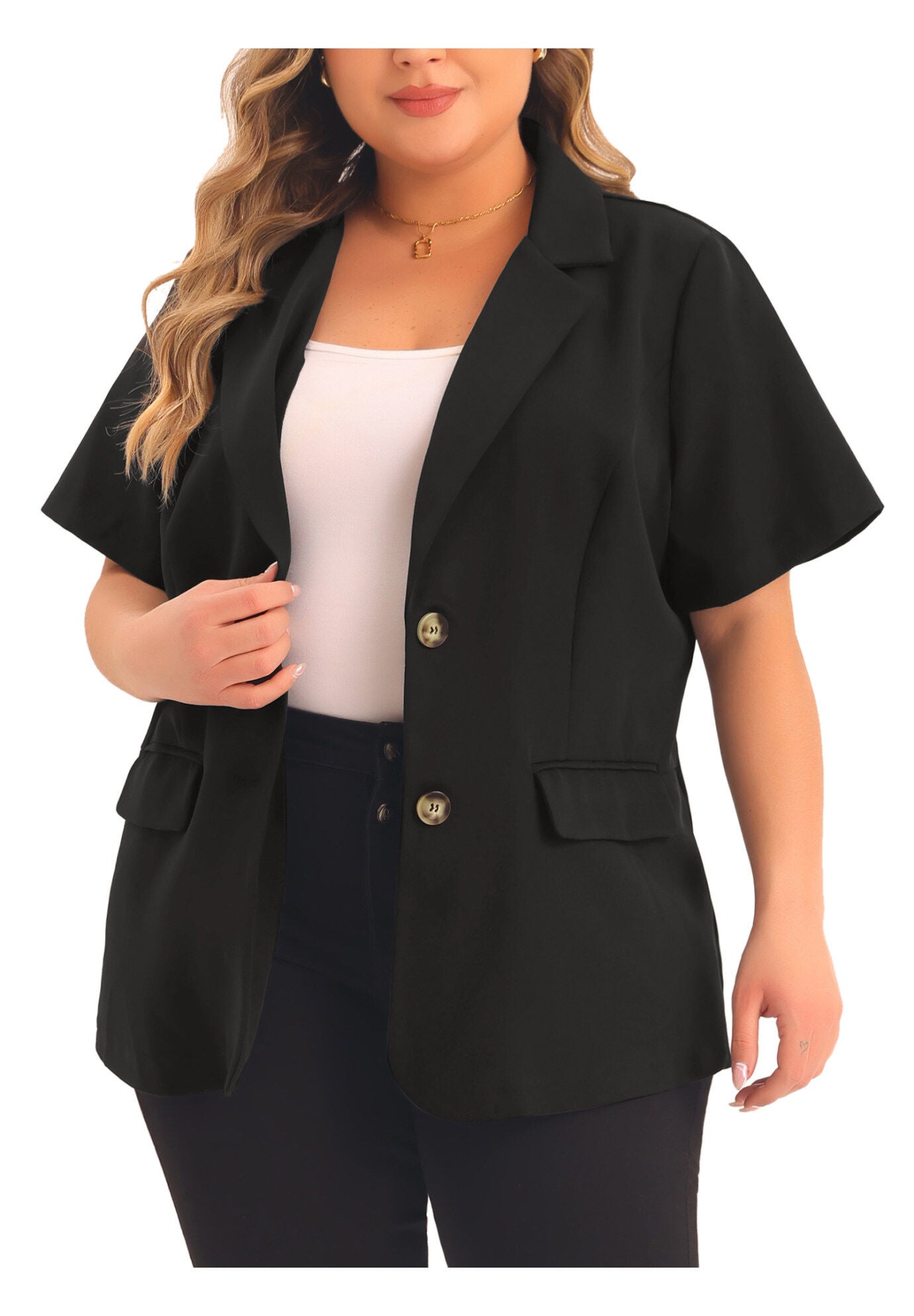 SHORT SLEEVE NOTCHED LAPEL BUTTON WORK BLAZER, Black / Black, alternate image number 2