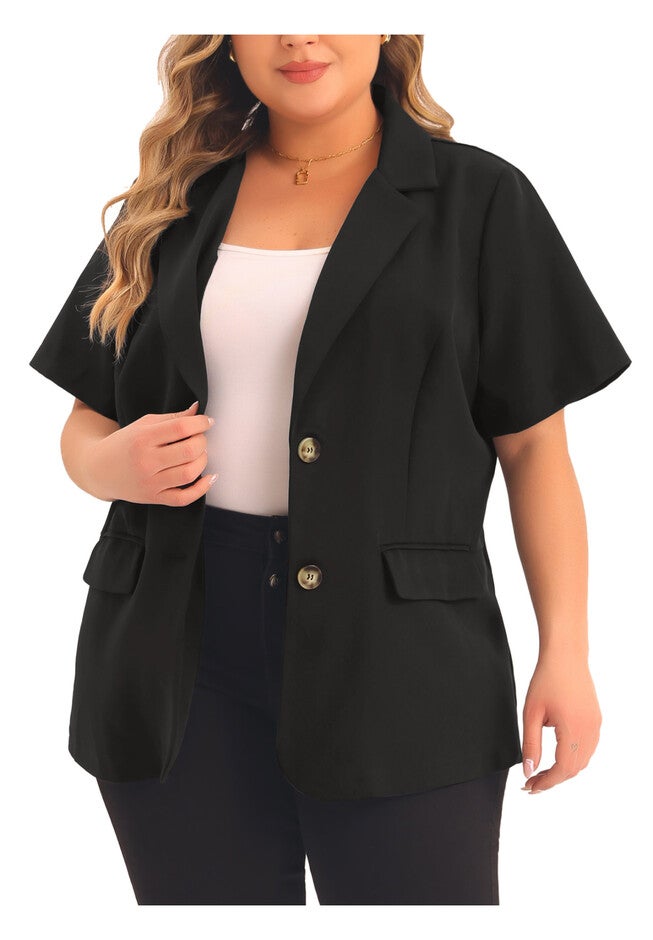 SHORT SLEEVE NOTCHED LAPEL BUTTON WORK BLAZER, Black / Black, alternate image number 2