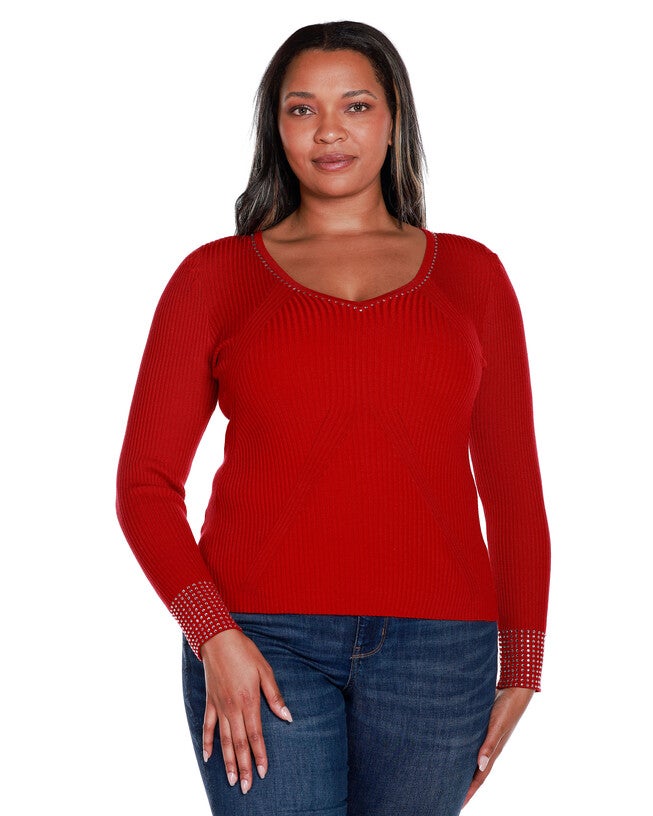 RHINESTONE-TRIM RIBBED SWEATER, Belldini Red / Red, hi-res image number 0
