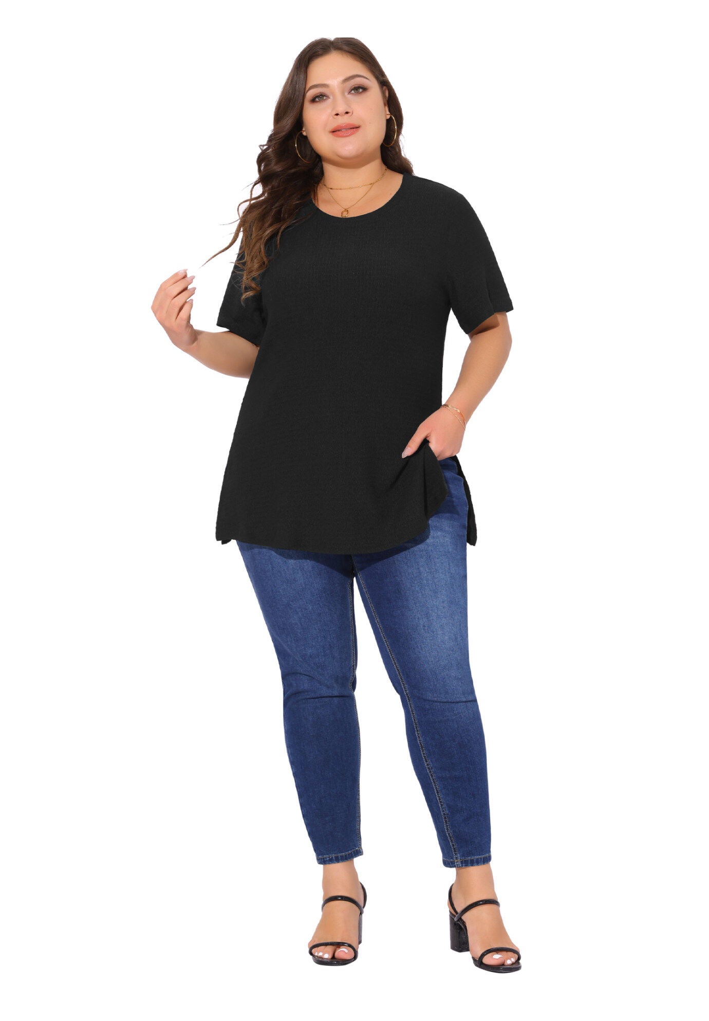 Short Sleeve Side Split T-Shirt Tee, Black / Black, hi-res image number 0