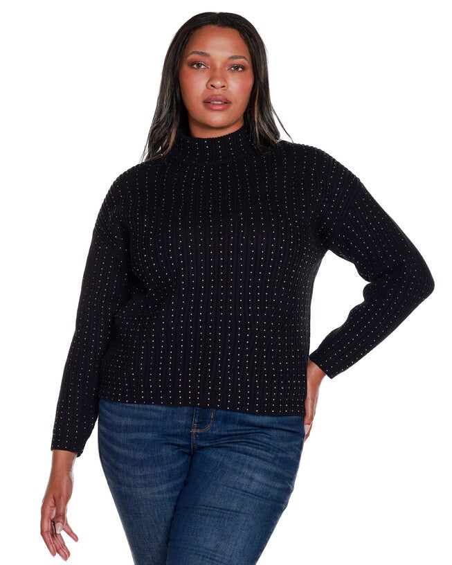 EMBELLISHED MOCK NECK RIBBED SWEATER, Black / Black, hi-res image number 0