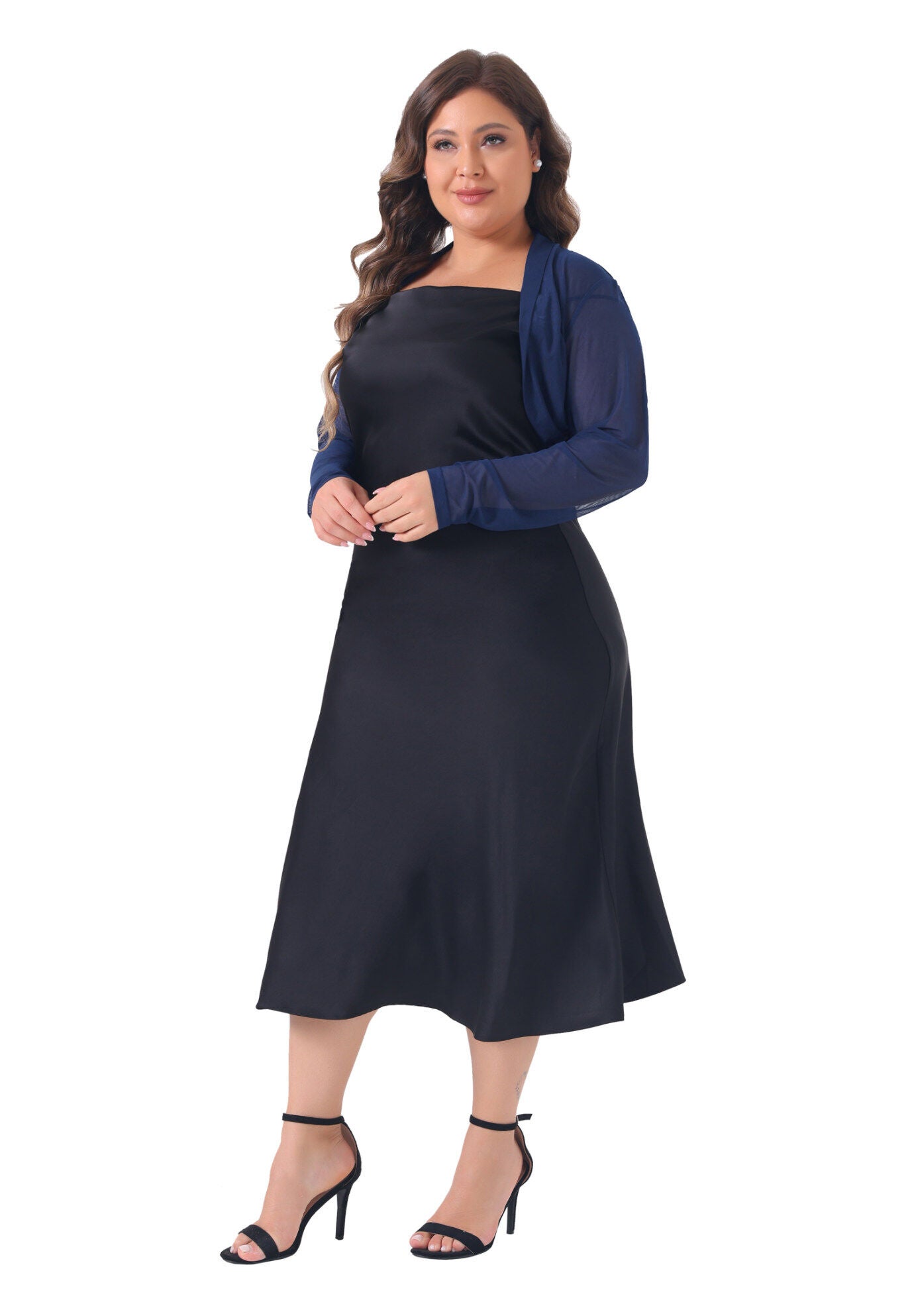 LONG SLEEVE SHEER BOLERO SHRUG MESH CROP CARDIGAN, Navy Blue / Navy, hi-res image number 0