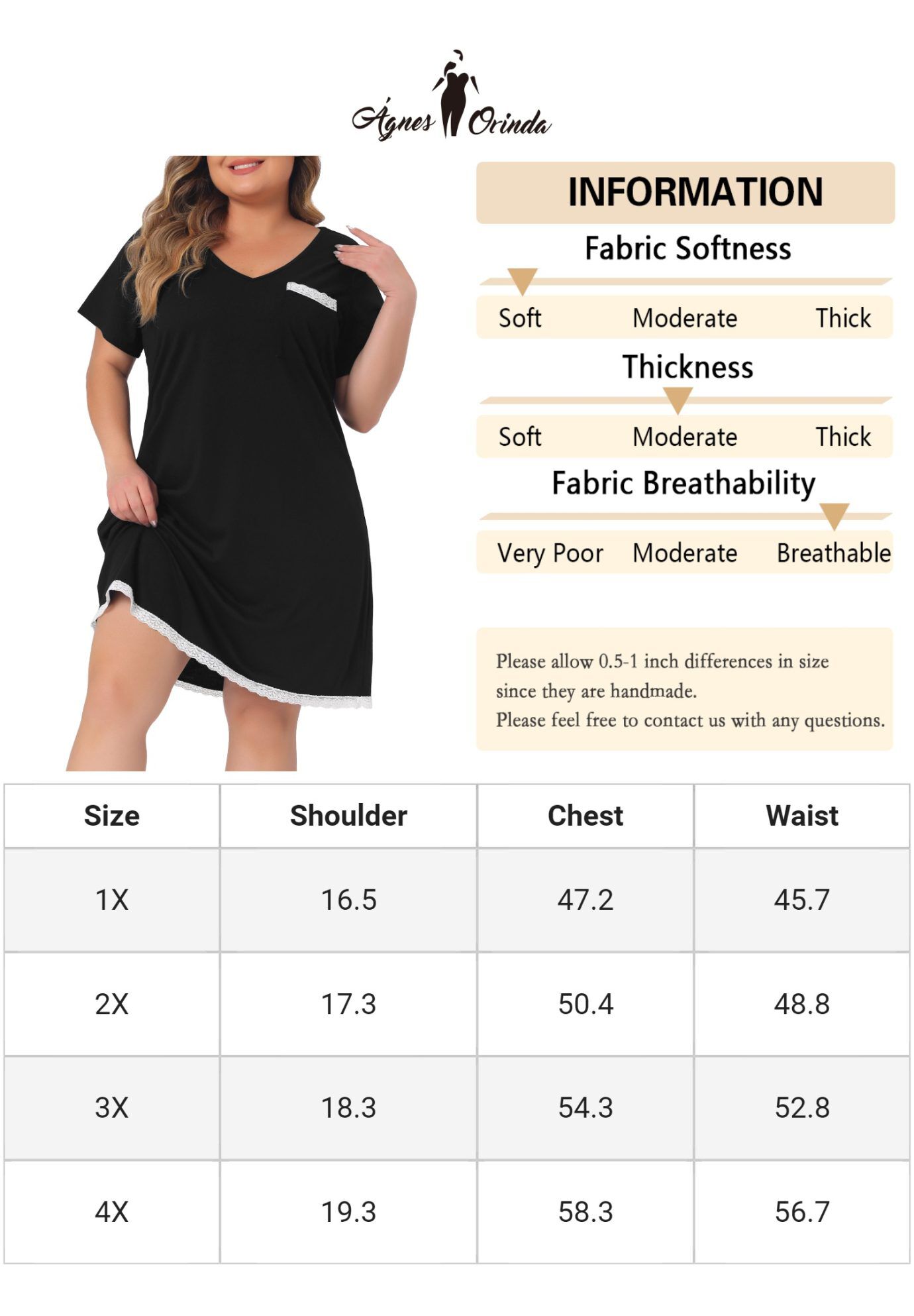 Short Sleeve Lace Trim Pajama Nightshirt, Black / Black, alternate image number 4