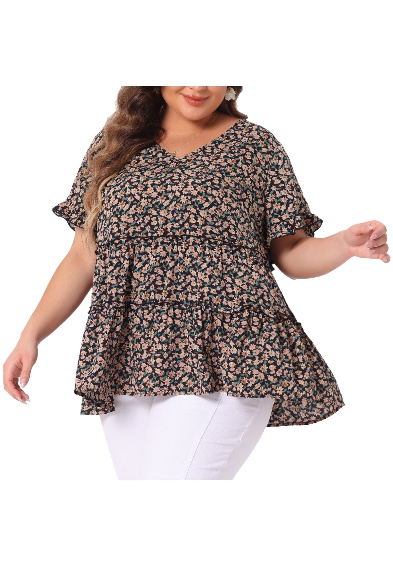 Floral Print V Neck Ruffles Sleeve Tiered Babydoll Blouse, Black Beige / Beige, alternate image number 1