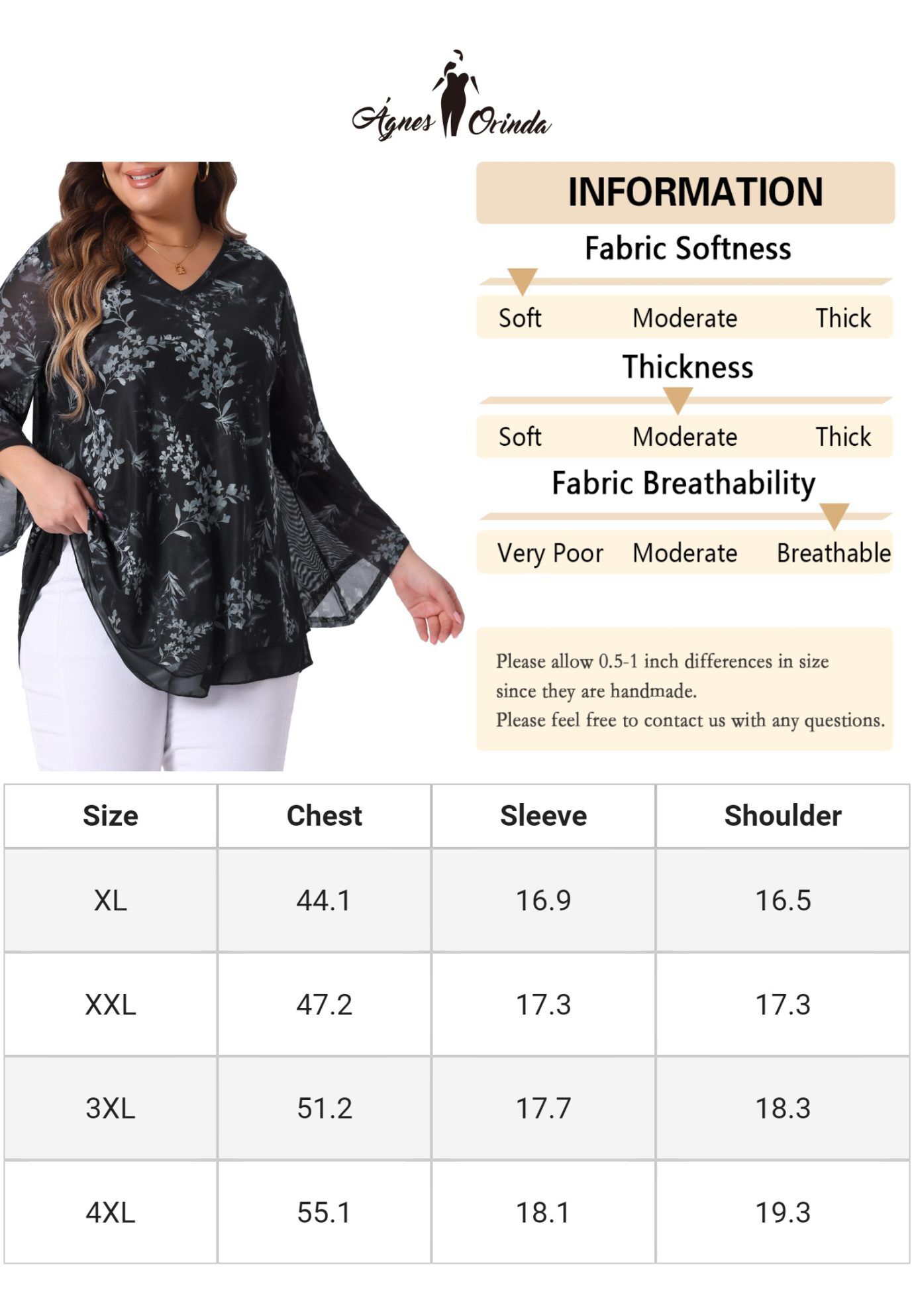 V Neck Mesh Flowy 3/4 Flared Sleeve Tunic Blouse Top, Black / Black, alternate image number 4