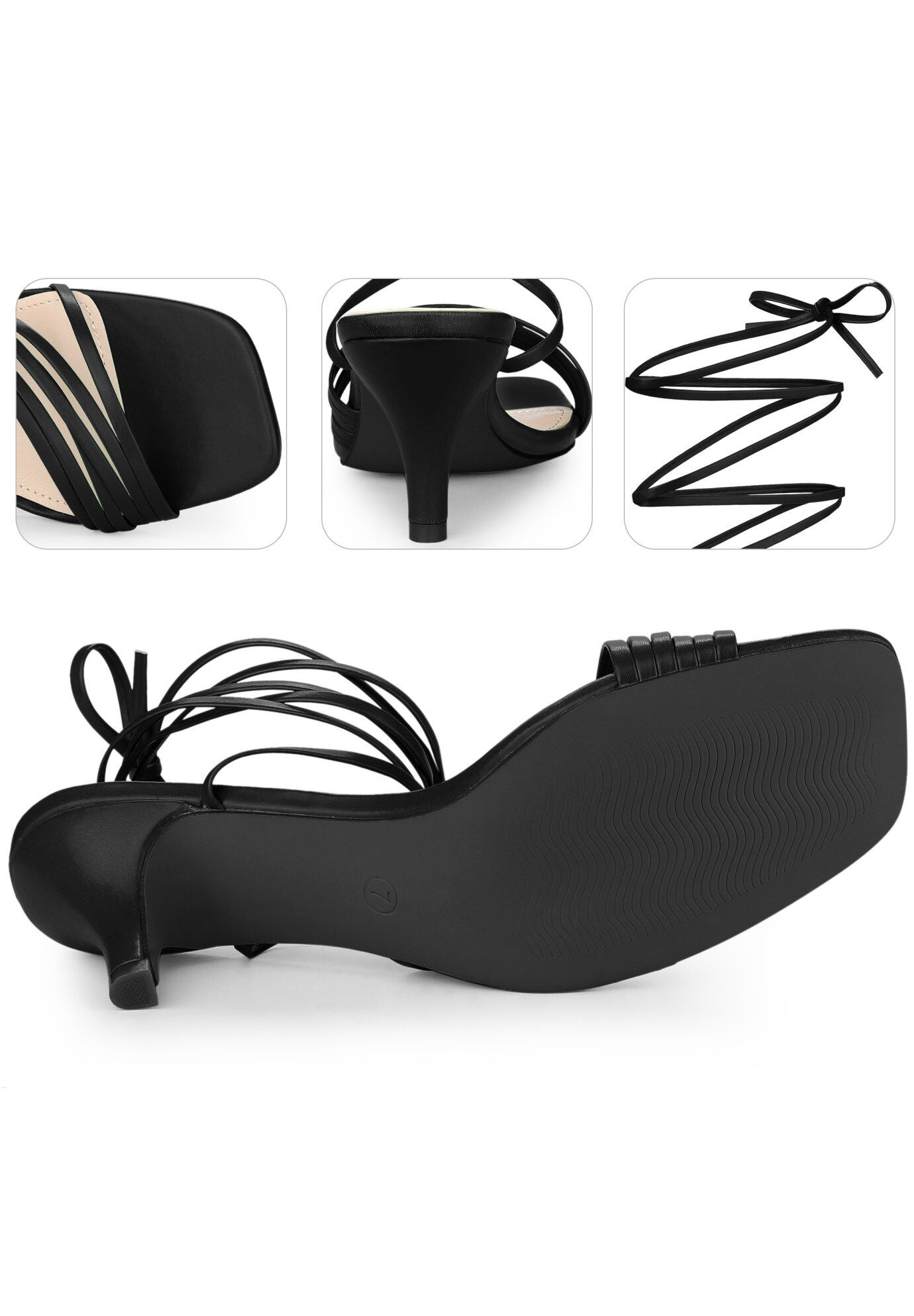 Lace Up Square Toe Strappy Kitten Heels Sandals, Black / Black, alternate image number 2