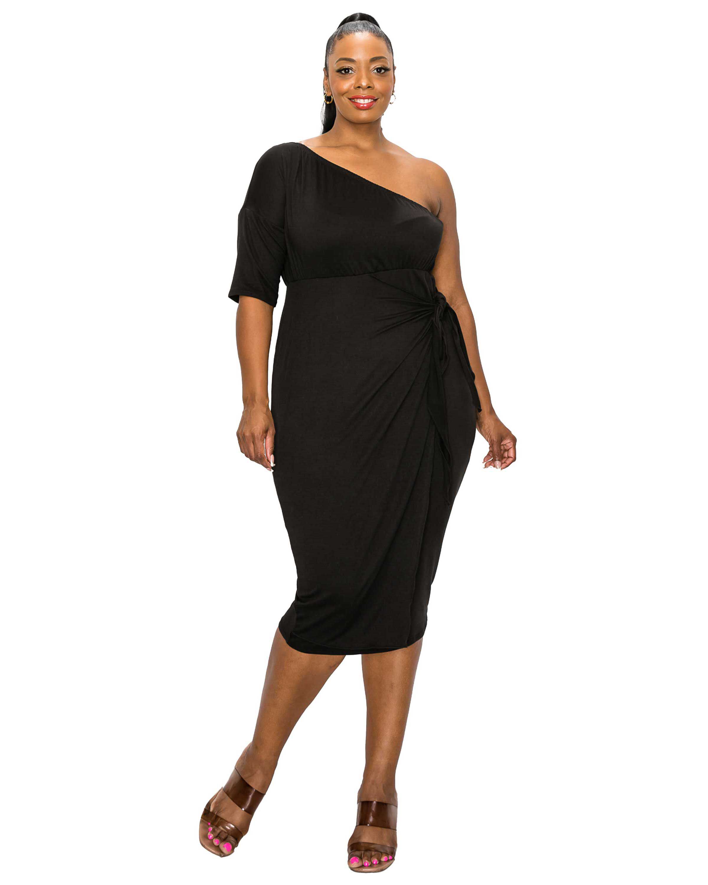 CHEYENNE ONE SHOULDER MIDI DRESS, Black / Black, hi-res image number 0