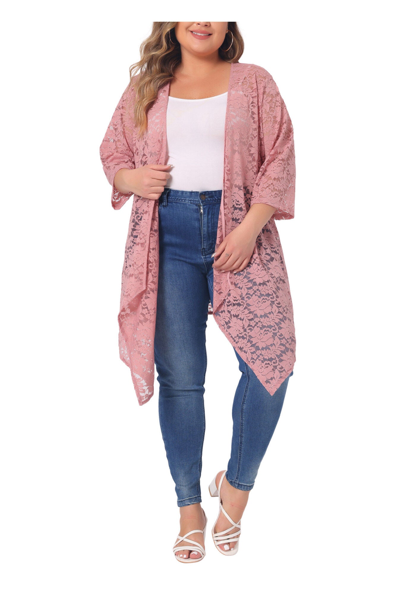 OPEN FRONT 3/4 SLEEVES CROCHET CARDIGAN COVER UP, Pink / Pink, alternate image number 1
