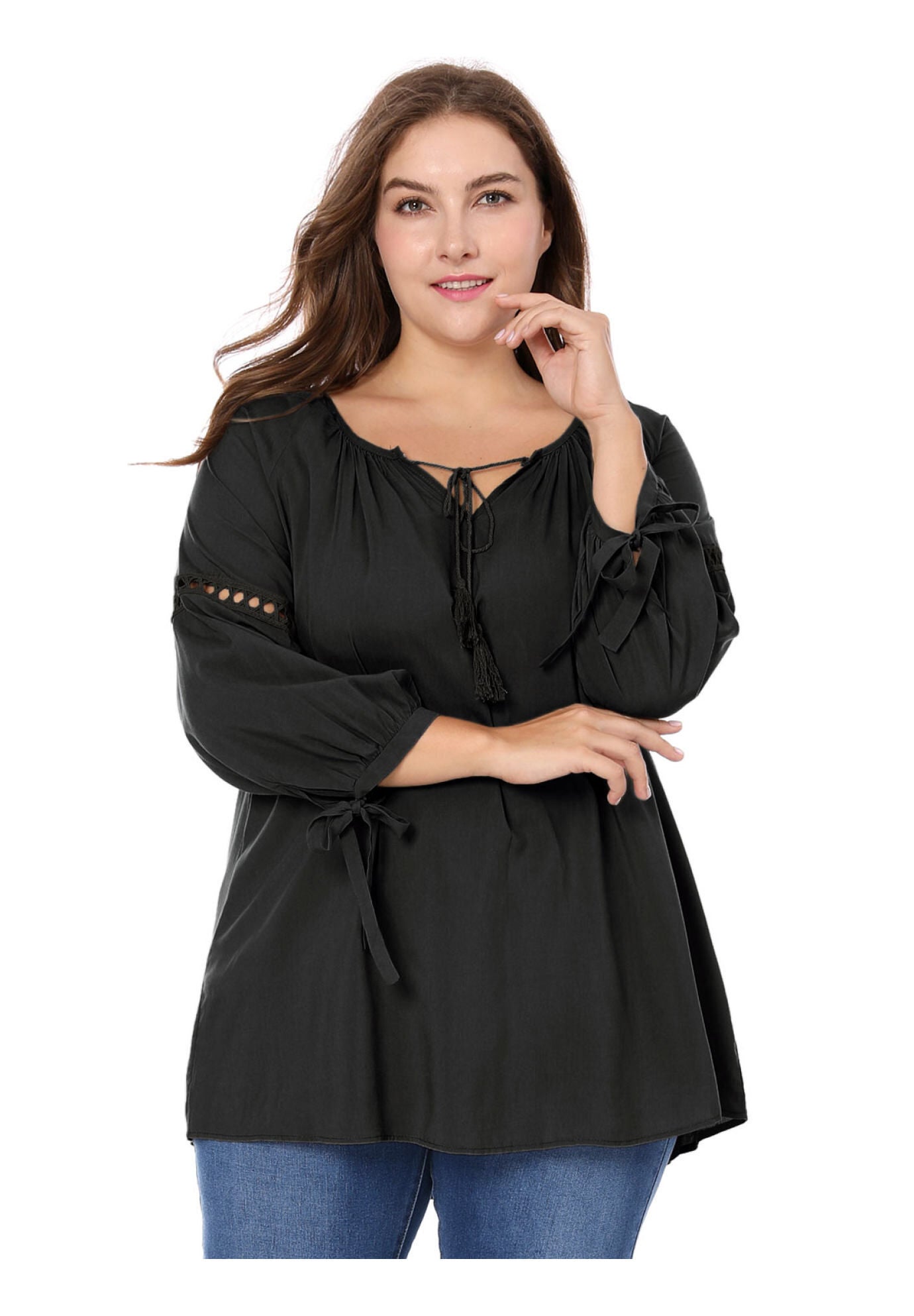 RAGLAN SLEEVES HOLLOW OUT TIE NECK PEASANT TOP, Black / Black, alternate image number 2
