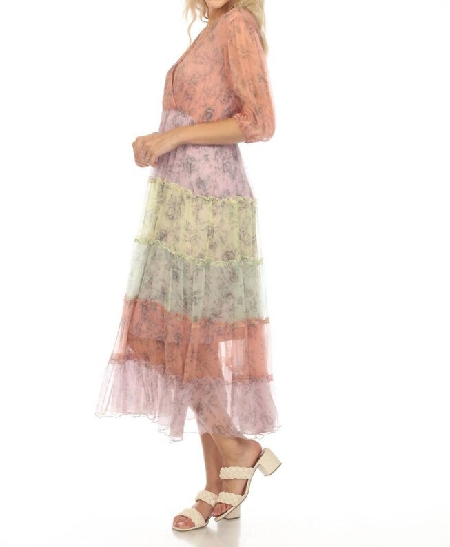 LIZA MIDI TIERED DRESS IN MULTI, Multi / Pink, alternate image number null