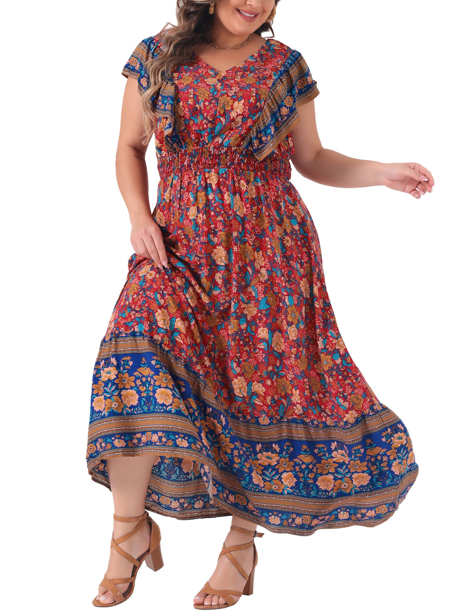 V Neck Ruffle Sleeve Boho Floral Maxi Long Dress, Red / Red, alternate image number 1