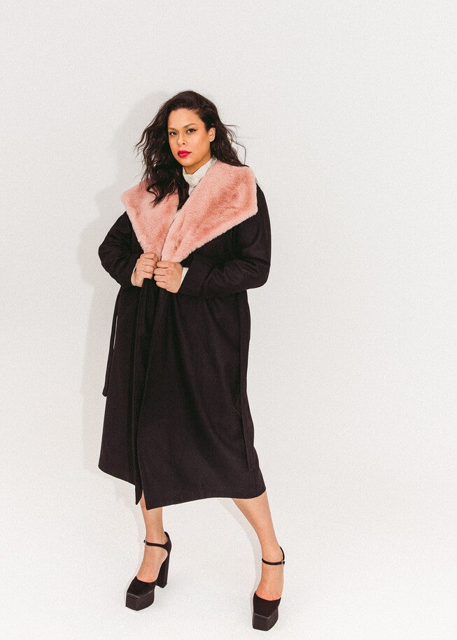 Faux Fur Collar Wrap Coat, Black / Black, hi-res image number null