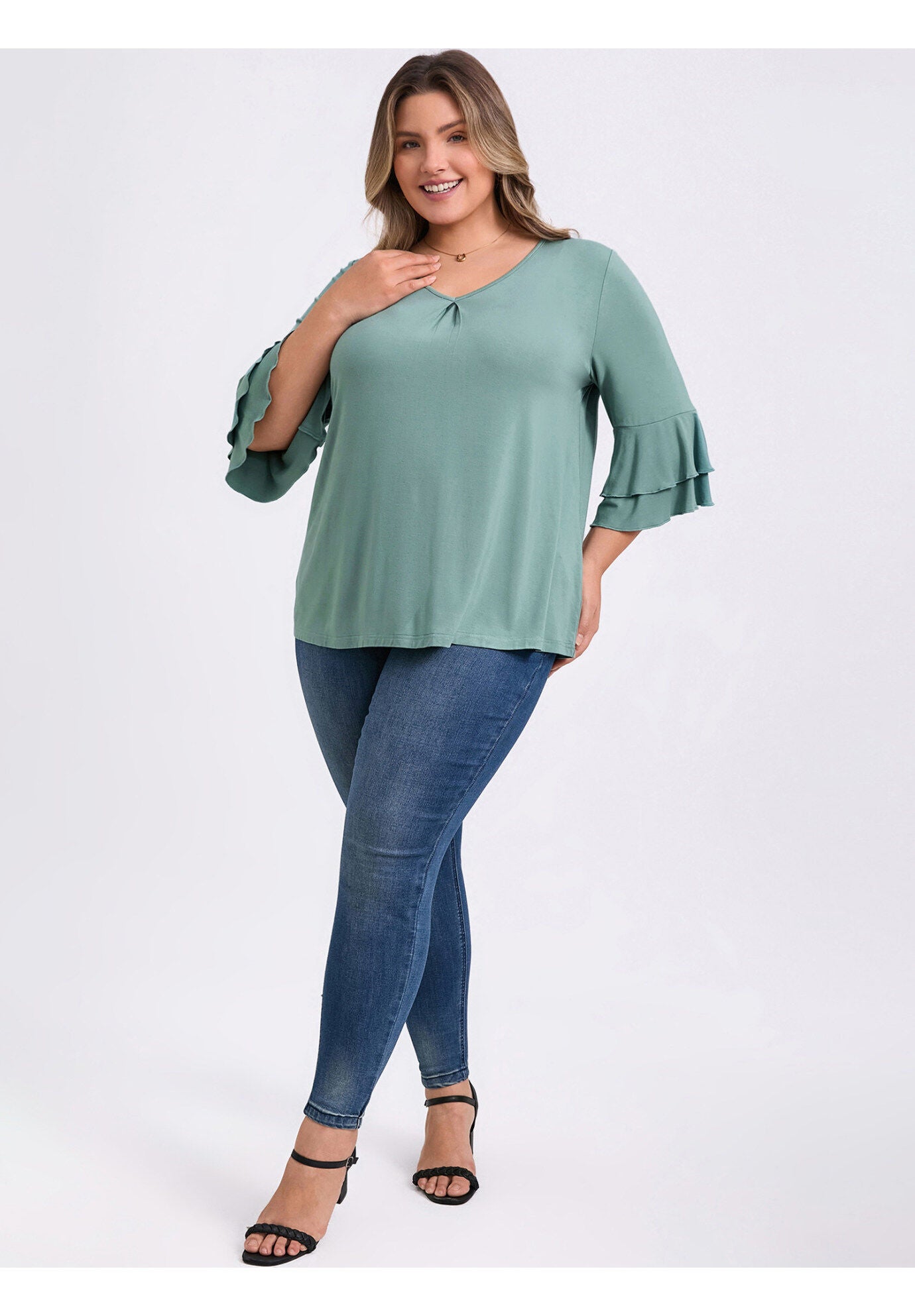 V Neck Double Layered Ruffle 3/4 Sleeve Pleated Front Blouse, Green / Sage Green, alternate image number 1