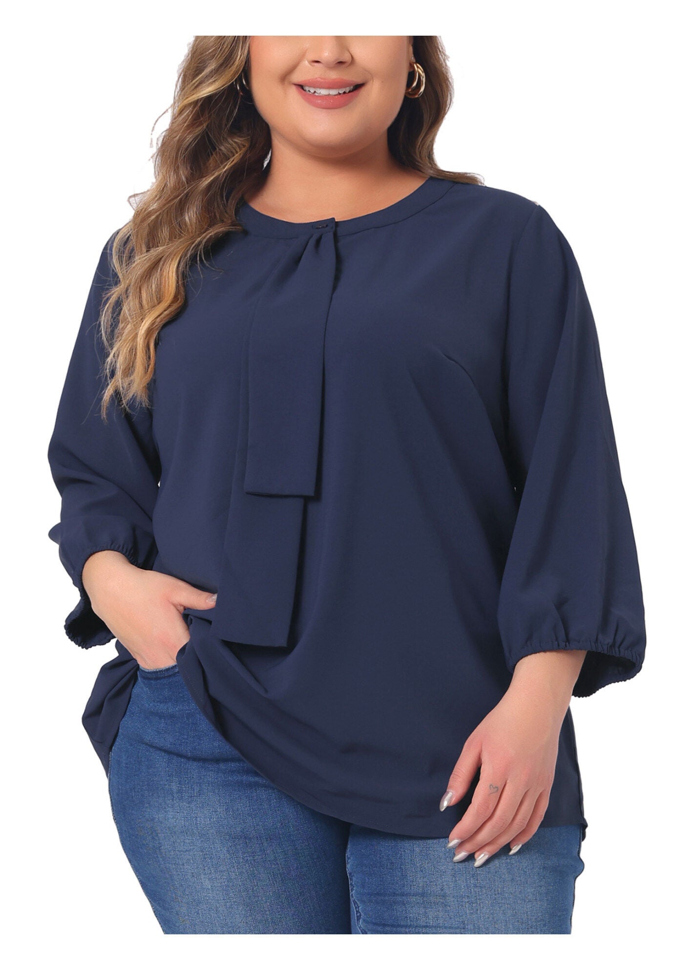 3/4 Sleeve Work Office Tie Front Ruffle Chiffon Blouse Top, Dark Blue / Navy, alternate image number 2