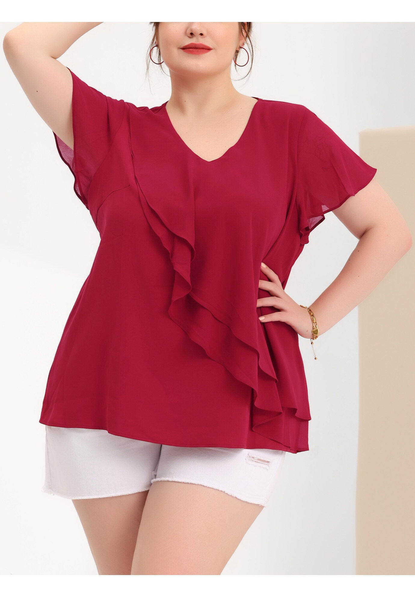 Flutter Sleeves Blouse V Neck Layer Chiffon Ruffle Top, Burgundy / Burgundy, alternate image number 1