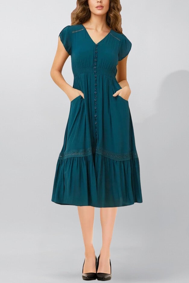 Annick - Elise Dress V-Neck Tiered Skirt Solid, Green / Teal, alternate image number null