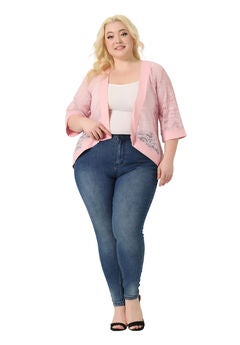 LACE CROCHET CARDIGAN 3/4 SLEEVE SHEER LIGHTWEIGHT COVER UP