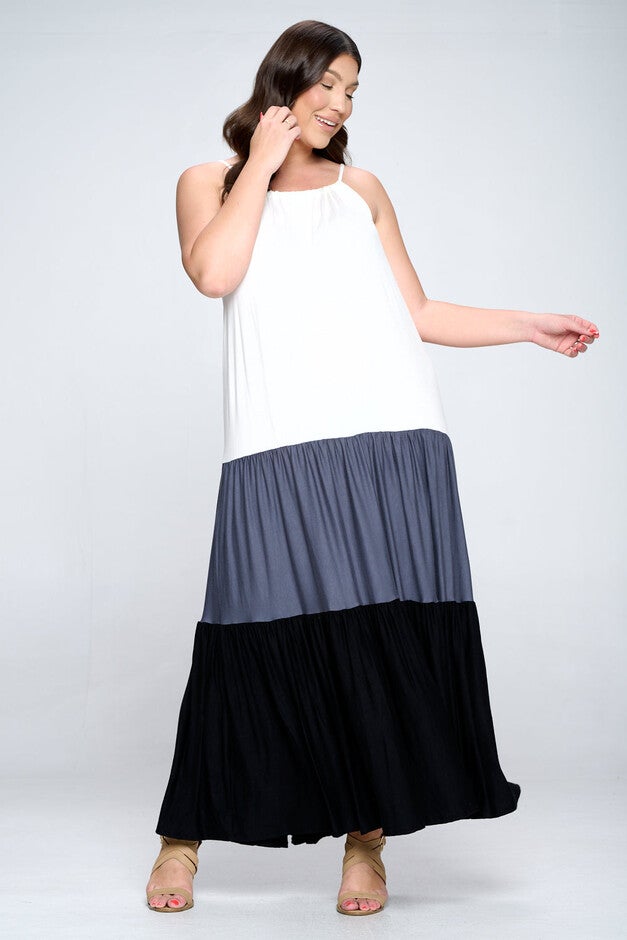 COLORBLOCK CAMI NECK MAXI DRESS, IvoryDk GreyBlack / Ivory, hi-res image number null