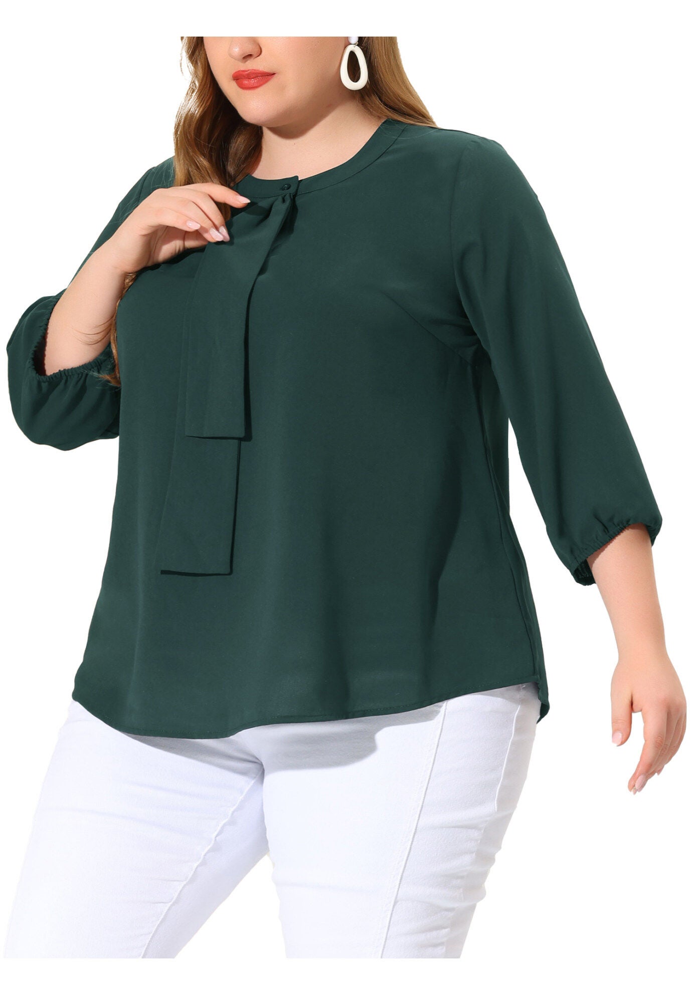 3/4 Sleeve Work Office Tie Front Ruffle Chiffon Blouse Top, Dark Green / Forest Green, alternate image number 2