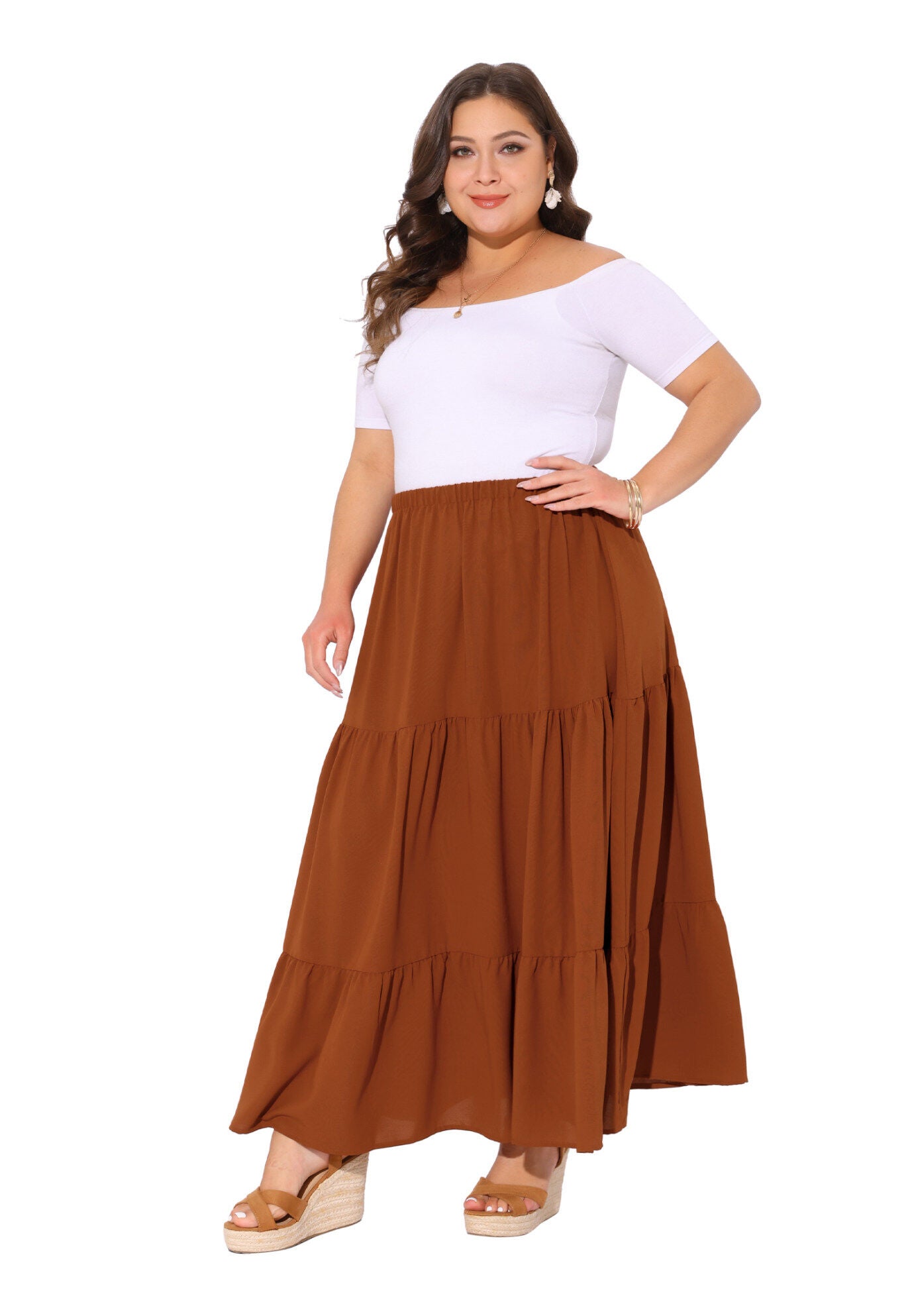 Elastic High Waist Boho Flowy A Line Long Swing Maxi Skirt, Caramel / Brown, hi-res image number 0
