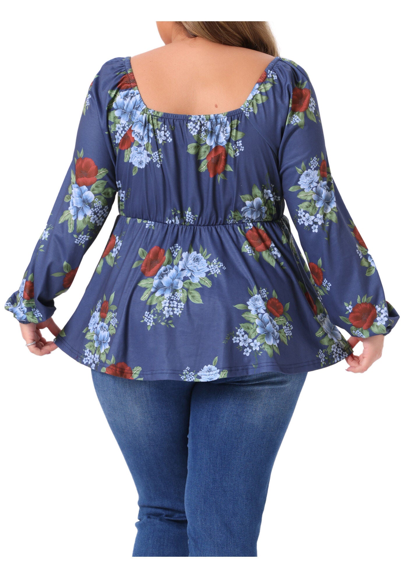 Sweetheart Neckline Long Sleeve Floral Peplum Top, Blue / Navy, alternate image number 3