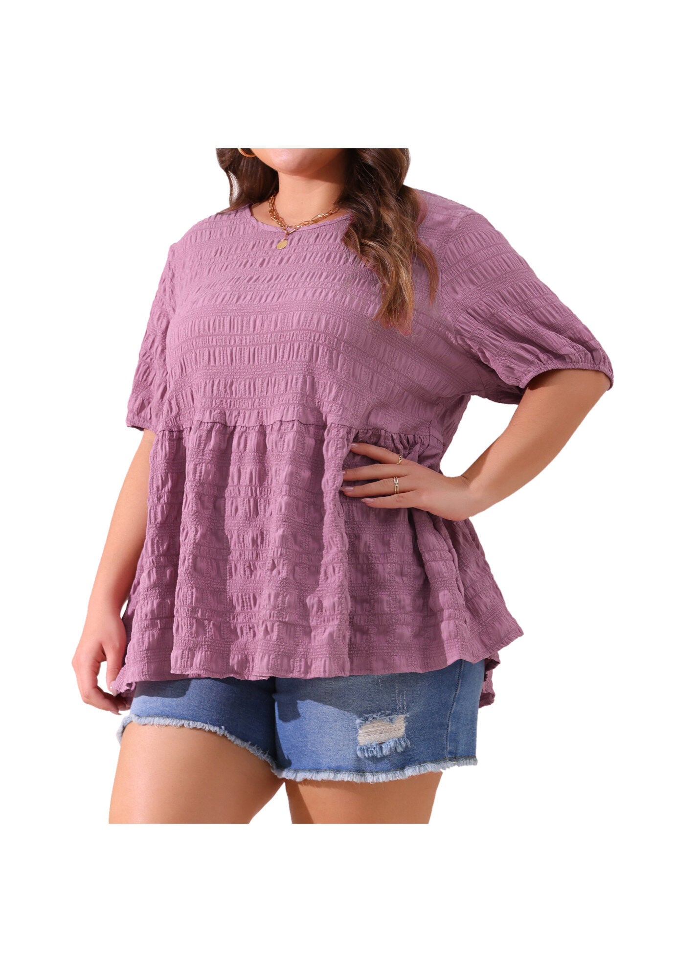 Babydoll Short Sleeve Loose Fit Flowy Blouse, Purple / Purple, alternate image number 1