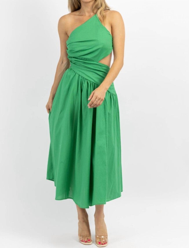 ASYMMETRIC RUCHE MIDI DRESS IN PALM GREEN, Palm Green / Light Green, hi-res image number null