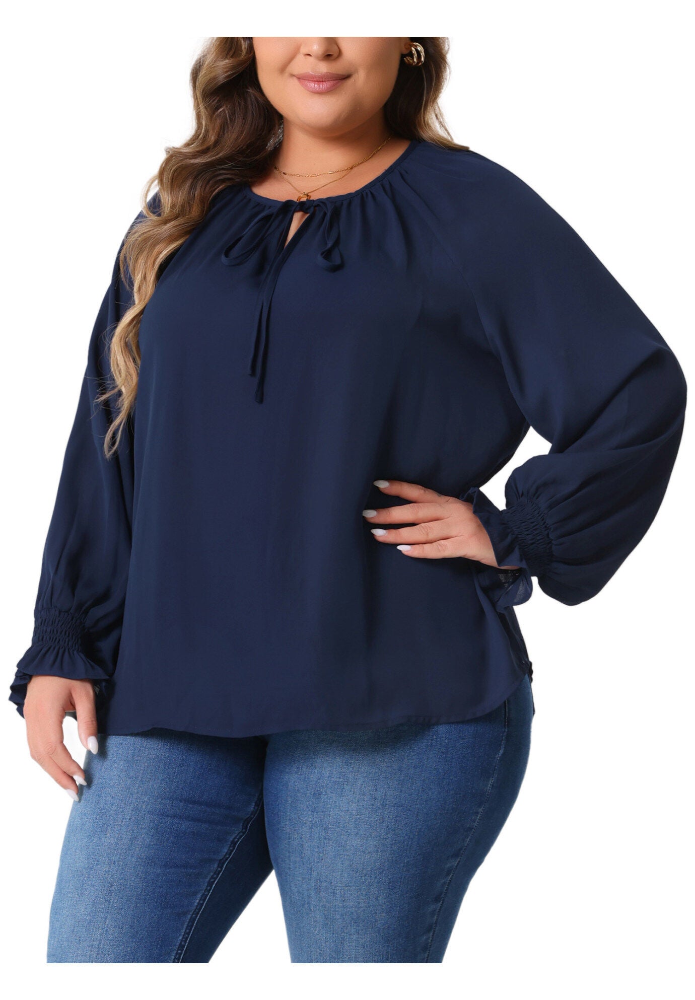 Casual V Neck Drawstring Long Sleeve Blouse Top, Navy Blue / Navy, alternate image number 2