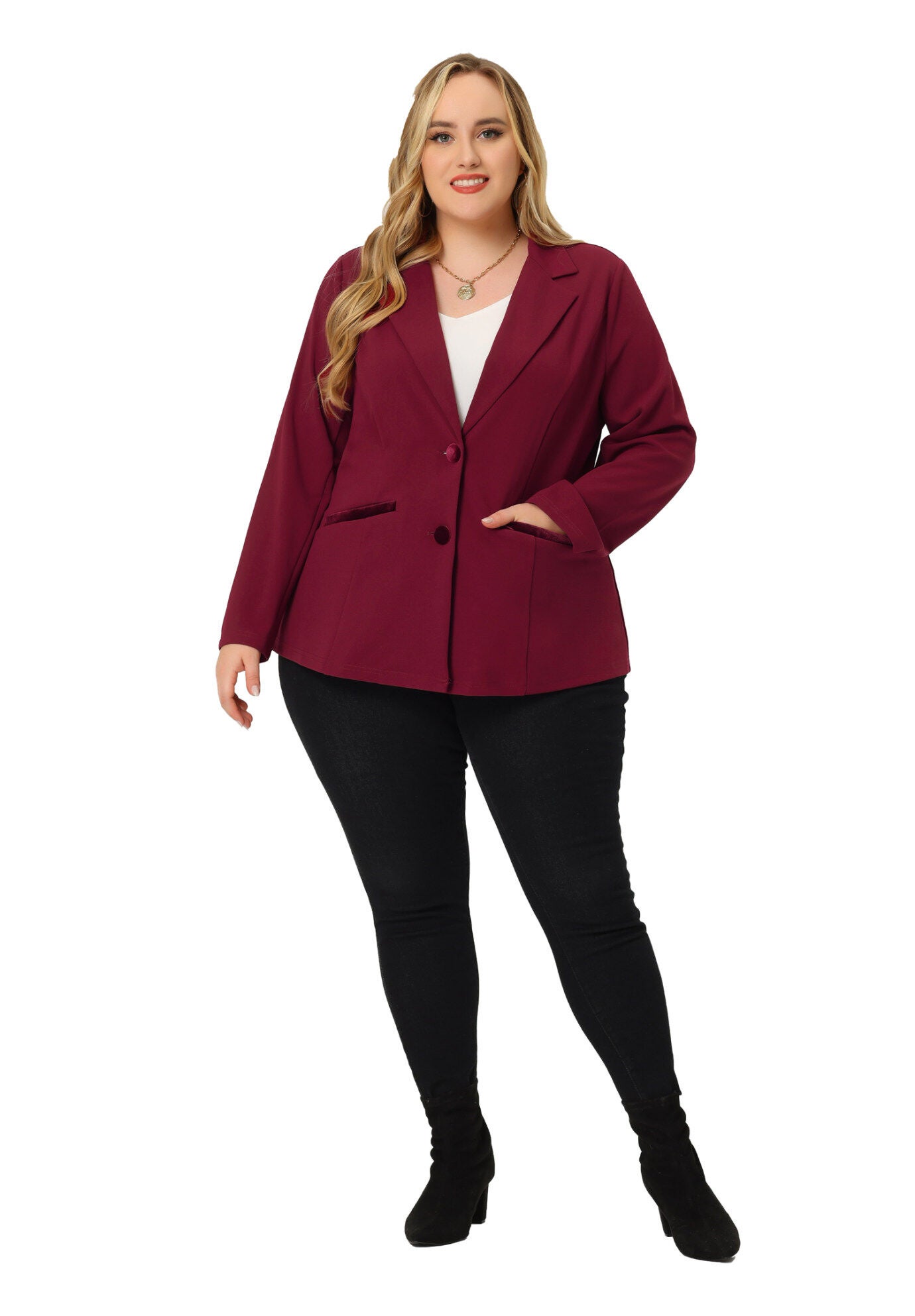 NOTCHED LAPEL V NECK WORK SUIT BLAZER, Burgundy / Red, hi-res image number 0