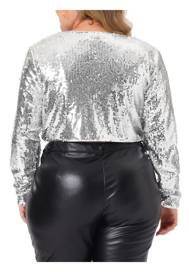 OPEN FRONT LONG SLEEVE METALLIC SEQUIN CROP JACKET, Silver / Silver, alternate image number 2