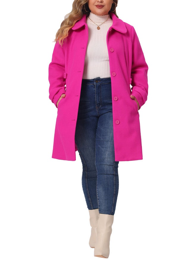 Peter Pan Collar Cuff Single Breasted Trench Long Coat, Hot Pink / Pink, alternate image number 2