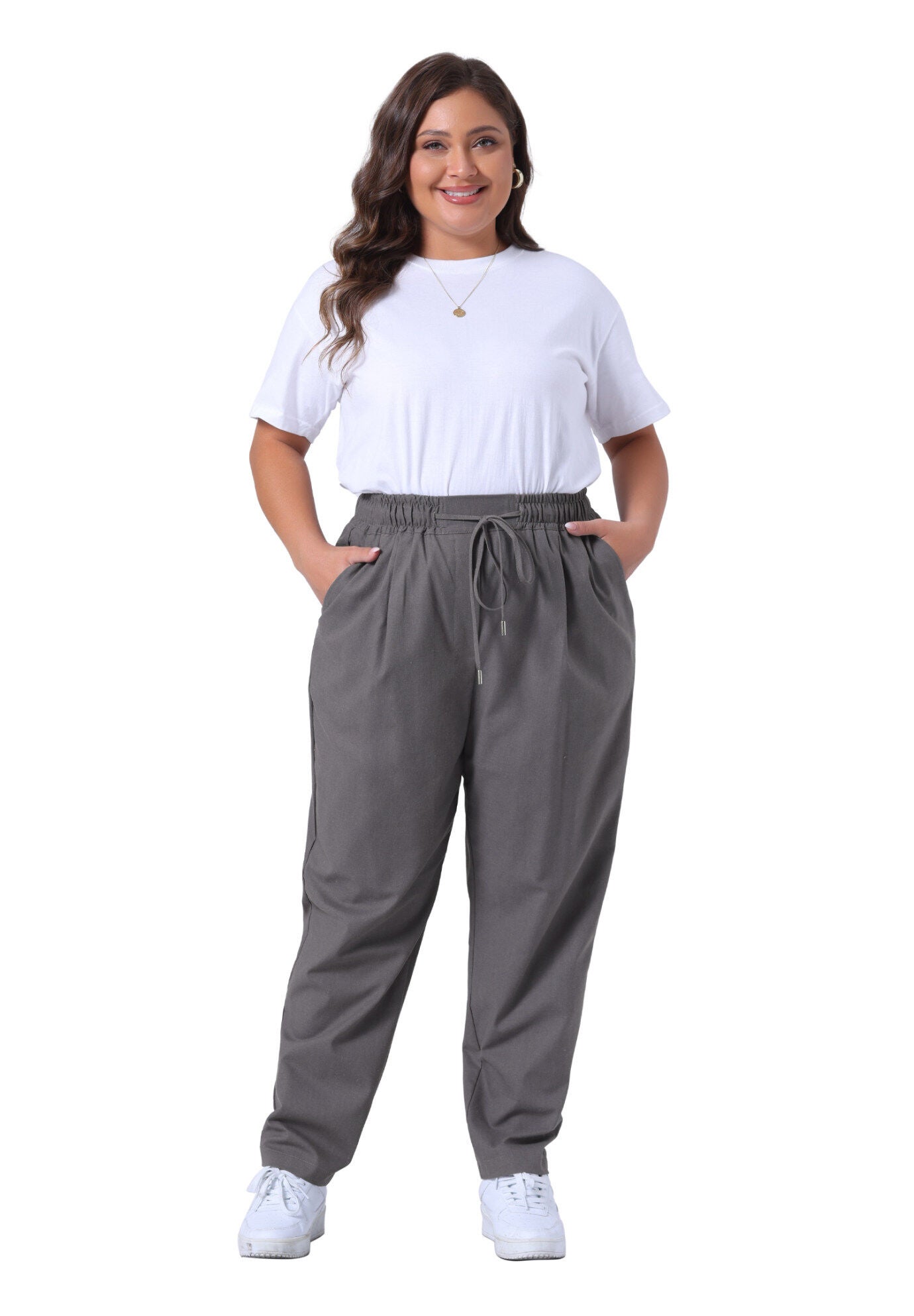 STRAIGHT LEG DRAWSTRING ELASTIC LOOSE TROUSERS, Grey / Charcoal Grey, hi-res image number 0