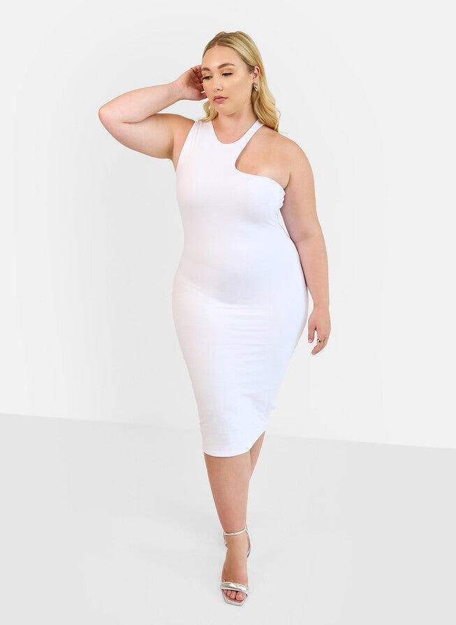 GAURI ASYMMETRICAL BODYCON MIDI DRESS | Dia & Co GAURI ASYMMETRICAL BODYCON MIDI DRESS | Dia & Co